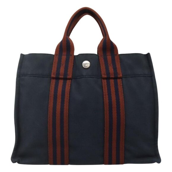 HERMES Fourre Tout PM Hand Bag Canvas Navy Brown Auth ti2734 - Picture 4 of 13